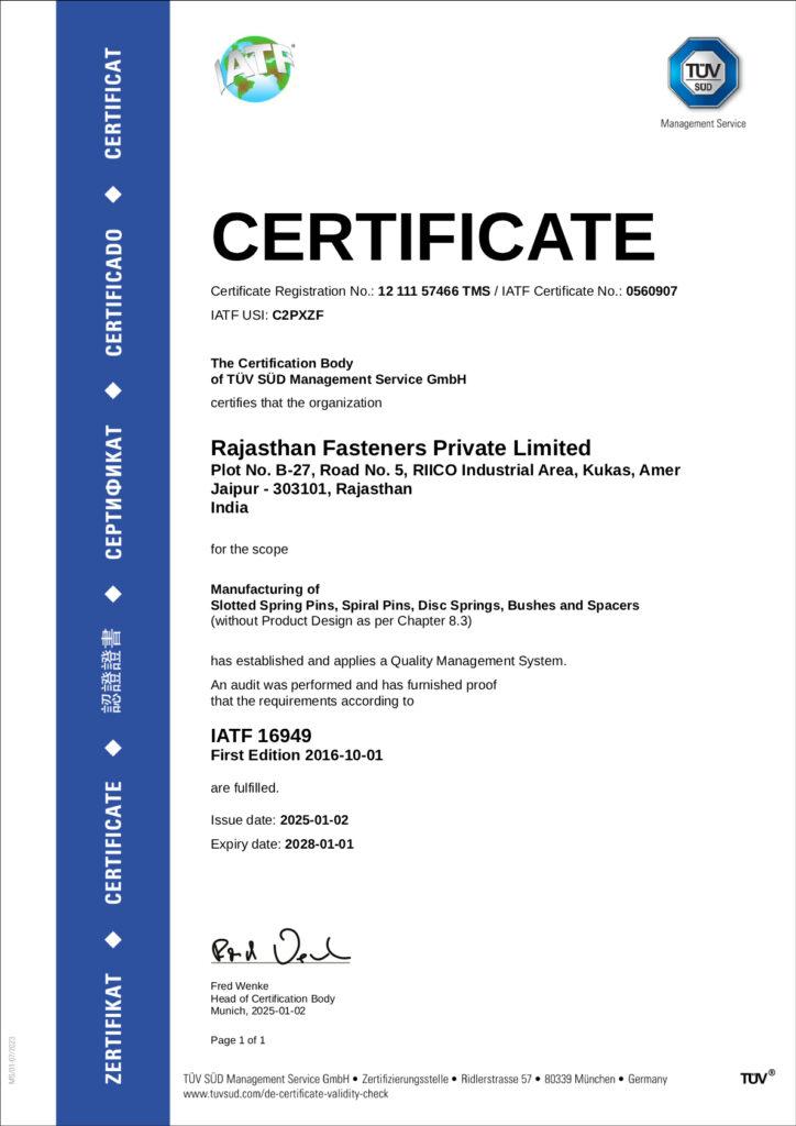 Rajasthan Fasteners IATF CERTIFICATE 2028